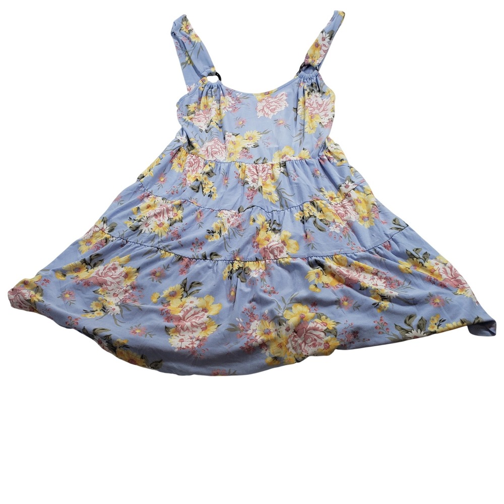 Planet Gold Womens Floral Tiered Mini Dress L Blue Yellow